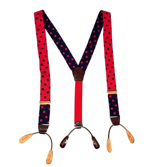 Vintage Y-shaped polka dot navy red Fabric Elastic Adjustable Suspenders - Picture 2 of 4